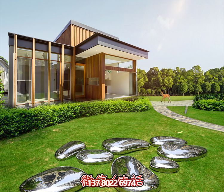 高端室內(nèi)草坪裝飾，不銹鋼雕塑鏡面石頭安放