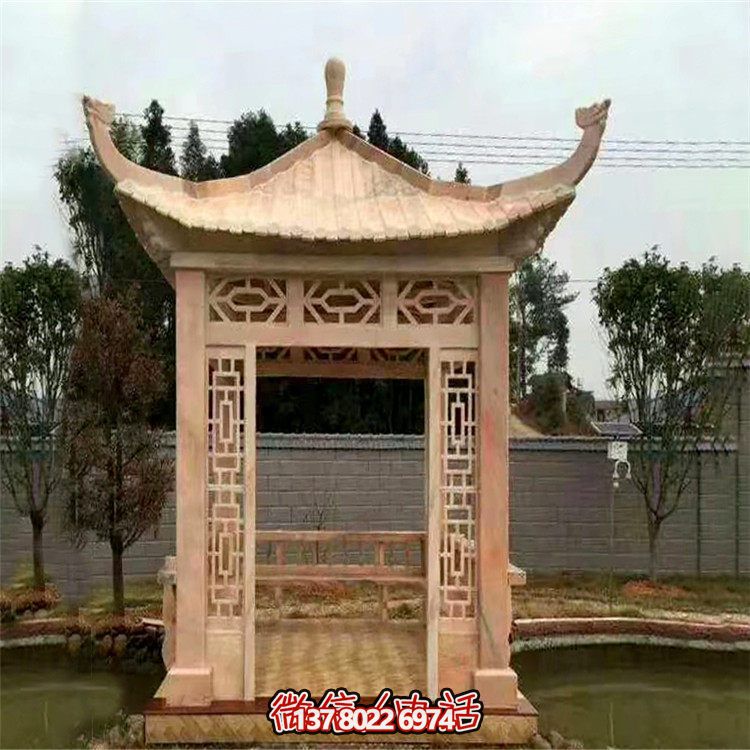 紅石雕鏤涼亭，晚霞中空中創(chuàng)意雕塑