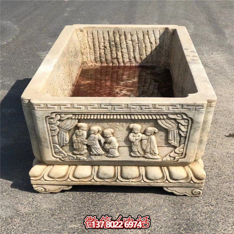 中式庭院擺放大理石浮雕長(zhǎng)形養(yǎng)魚(yú)老石槽水缸