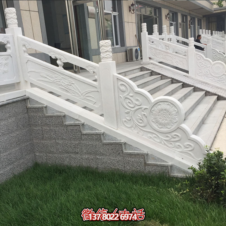 園林樓梯步道漢白玉石欄桿，云柱刻花石雕欄板