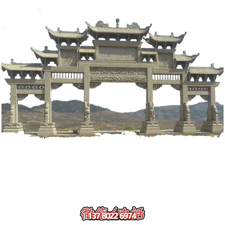 陵園墓地戶外擺放大型青石浮雕仿古建五門(mén)樓牌坊